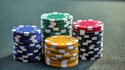 Poker chips colorful gaming pieces lie on the game table in the stack Background for gambling casino business poker Colorful casino chips for casino game on the table Soft focus
