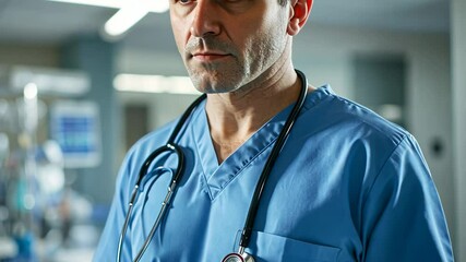 Male Doctor in Scrubs Holding a Stethoscope in a Hospital Setting