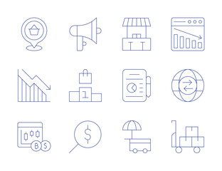 Market icons. Thin Line style, editable stroke. stock market, tablet, megaphone, podium, search, stock exchange, street market, trade, trolley, location pin, market