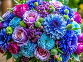Elegant blue and purple wedding bouquet, perfect for Mother's Day or birthdays. Stunning botanical photography.