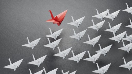 Different business concept.new ideas. paper art style. creative idea.leader swan concept, red paper swan leading among white.3D rendering on black background.