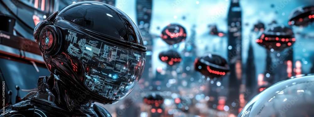 Poster futuristic space explorer in high-tech environment amid floating drones and neon lit cityscape with 