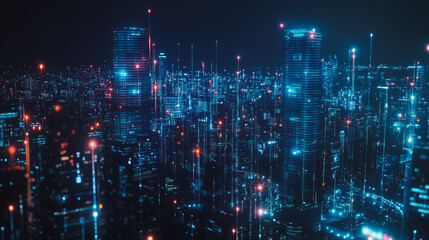 Obraz premium Smart digital Innovation city with connection network reciprocity over the cityscape. of future smart wireless digital city and social media networking systems that connects people with in city