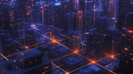 Obraz premium Smart digital Innovation city with connection network reciprocity over the cityscape. of future smart wireless digital city and social media networking systems that connects people with in city