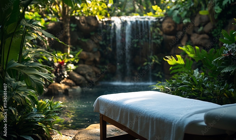 Aufkleber serene spa setting with a massage table near a waterfall and lush greenery.