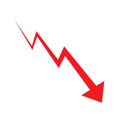 Red arrow going down stock icon on white background. Symbol of down arrow graph icon. Bankruptcy, financial market crash icon. Falling growth in business. Vector illustration.
