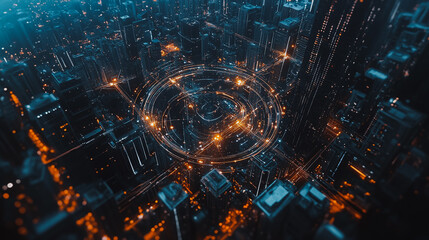 Smart digital Innovation city with connection network reciprocity over the cityscape. of future smart wireless digital city and social media networking systems that connects people with in city