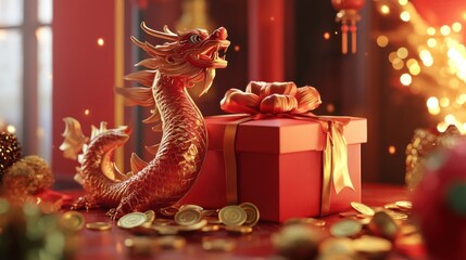 Obraz premium Vibrant Chinese New Year scene with red and gold tones, featuring a gift box with a bow, decorative dragon, and coins to inspire prosperity and happiness.
