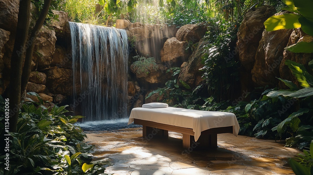 Poster serene spa setting with a massage table beside a waterfall and lush greenery.