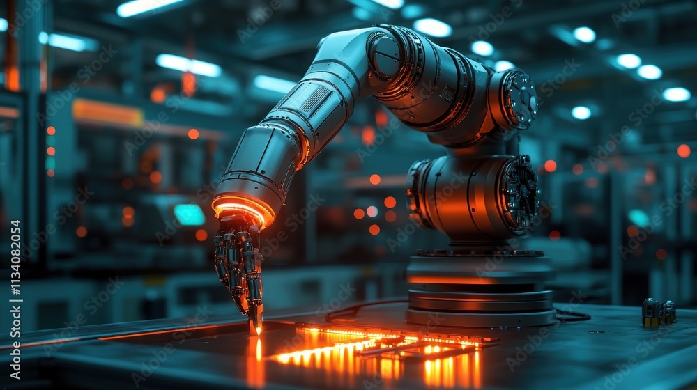 Poster a robotic arm interacts with glowing circuitry in a high-tech industrial setting.