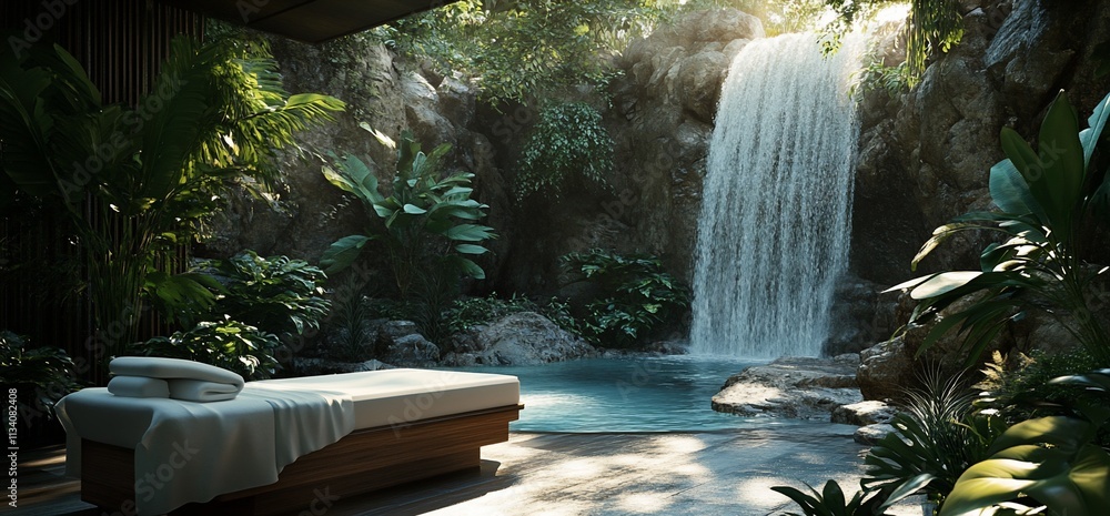 Aufkleber serene spa setting with a waterfall and tropical plants for relaxation.
