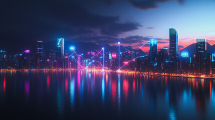 Fototapeta premium Smart digital Innovation city with connection network reciprocity over the cityscape. of future smart wireless digital city and social media networking systems that connects people with in city