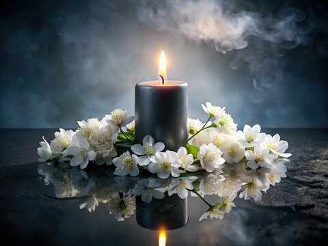 Elegant double exposure: white flowers, burning candle, memorial image; dark background, obituary notice.