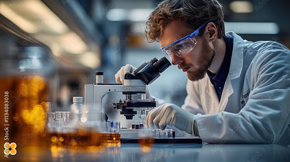 Poster a scientist examines samples under a microscope in a laboratory setting.