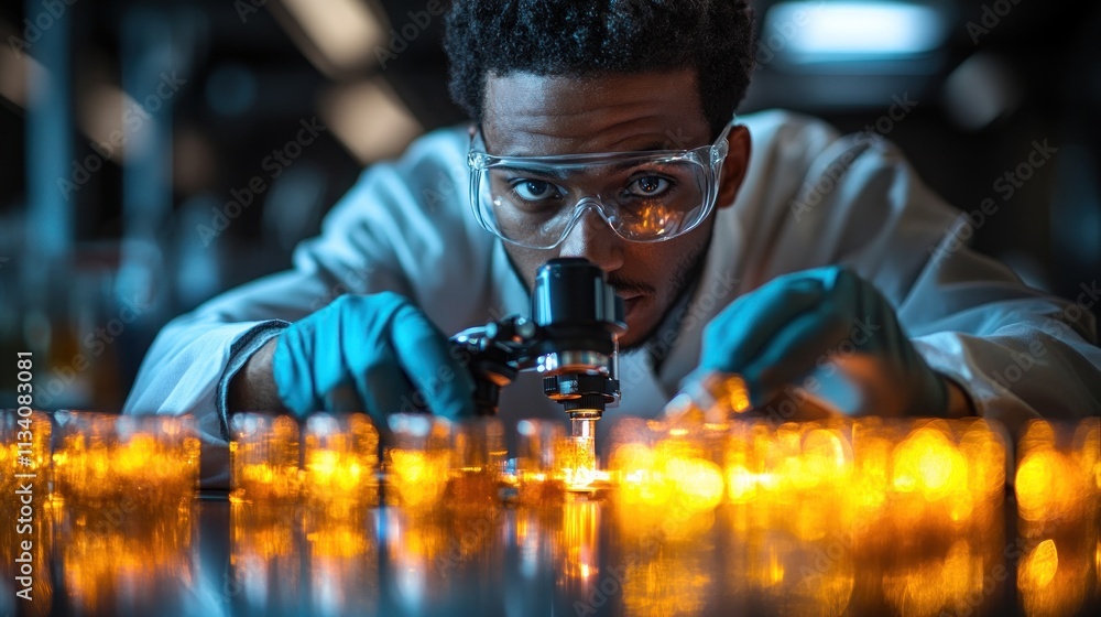Poster a scientist examines samples under a microscope in a laboratory setting.