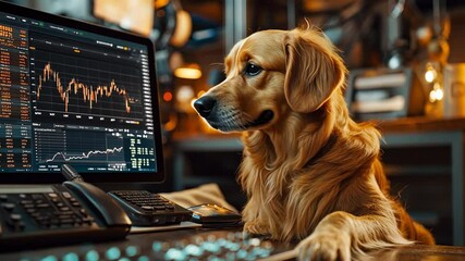 Golden Retriever Dog Working at Computer Desk with Stock Market Charts - Powered by Adobe