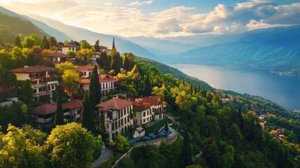 Obraz premium Scenic view of a hillside village overlooking a lake, surrounded by mountains and greenery.
