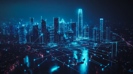 Obraz premium Smart digital Innovation city with connection network reciprocity over the cityscape. of future smart wireless digital city and social media networking systems that connects people with in city