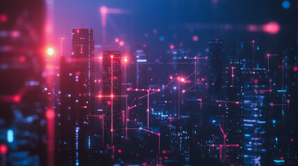 Smart digital Innovation city with connection network reciprocity over the cityscape. of future smart wireless digital city and social media networking systems that connects people with in city