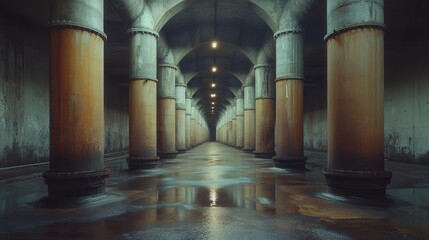 Mysterious underground passage urban setting digital art dimly lit environment perspective viewpoint enigmatic atmosphere