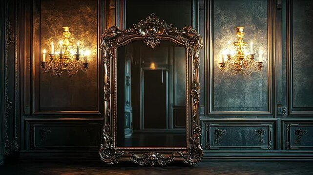 antique mirror in the room, magic mirror dreamy fantasy, antique mirror room