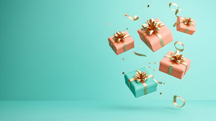 Floating pastel gift boxes with gold ribbons and confetti on a teal background.