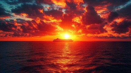 Obraz premium Cruise ship at fiery sunset over ocean.