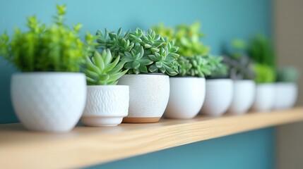 Fototapeta premium Showcasing succulent plant collection on wooden shelf home interior photography bright environment close-up view greenery concept