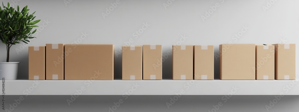 Poster organizing cardboard boxes on a minimalist shelf in a modern office space for efficient storage solu