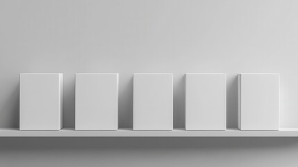 Minimalist white book display on shelf modern interior photography neutral environment close-up conceptual design