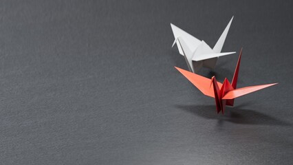 Pair of Origami bird lovers with heart. 3d illustration bird paper crane, bird paper craft for Hiroshima remembrance day and Valentine festival minimal style concept.