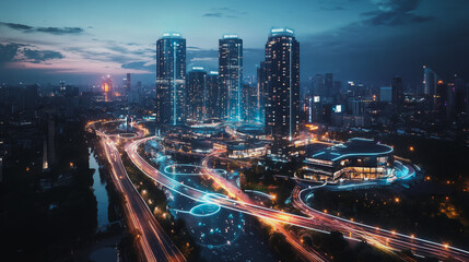 Fototapeta premium Smart digital Innovation city with connection network reciprocity over the cityscape. of future smart wireless digital city and social media networking systems that connects people with in city