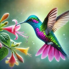 Obraz premium Colorful Hummingbird Flying Near Flower Natural Background