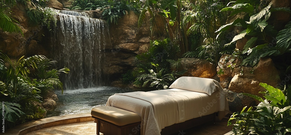 Poster tranquil spa setting with a massage table beside a waterfall and lush greenery.