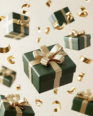 Green gift boxes with gold ribbons float amidst gold confetti.