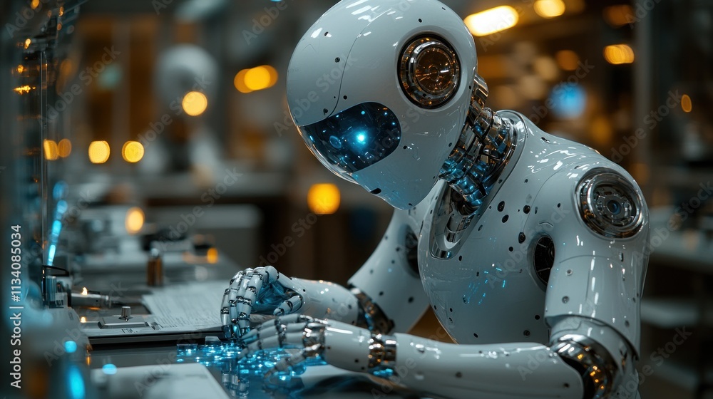 Poster a futuristic robot working at a desk, surrounded by a high-tech environment.