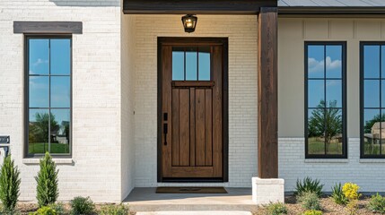 A ranch home front door detail with a wooden front door and off white brick siding