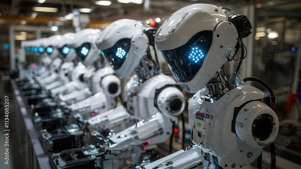 Poster advanced robotics automation in manufacturing industry high-tech environment futuristic perspective 