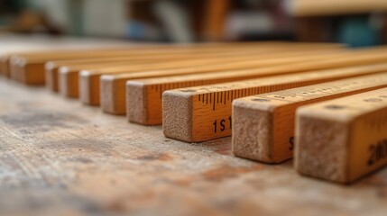 Measuring accuracy wooden rulers on workbench craftsmanship workshop environment close-up view precision concept