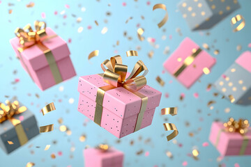 Obraz premium Pink and grey gifts with gold ribbons and confetti falling on a light blue background.