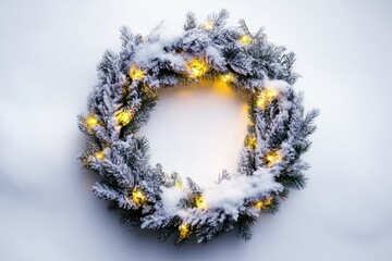 Obraz premium Decorative wreath adorned with snow and warm lights for winter celebrations