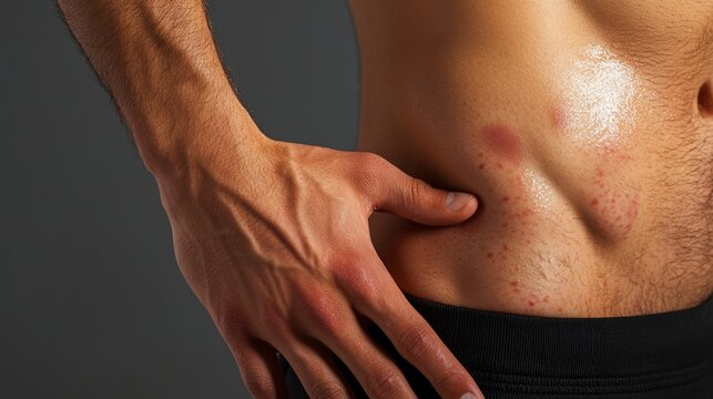 Male hand showing birthmarks on skin body stomach part Close up detail of the bare skin Health Effects of UV Radiation Man with birthmarks Pigmentation