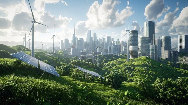 Green Cityscape with Renewable Energy and Lush Vegetation