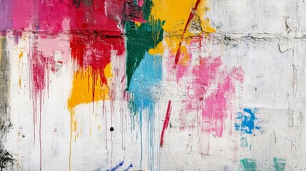 Messy paint strokes and smudges on an old painted wall background Abstract wall surface with part of graffiti Colorful drips flows streaks of paint and paint sprays
