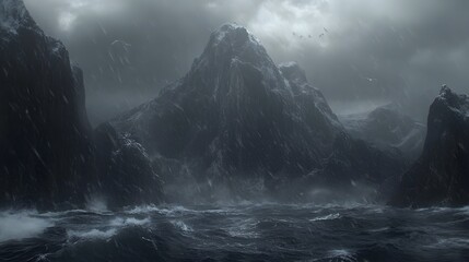 Dramatic stormy seascape with a snow-capped mountain peak and dark cliffs under a heavy, grey sky.