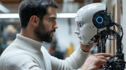 Fototapeta premium Ai technology Artificial Intelligence man using technology smart robot AI artificial intelligence by enter command prompt for generates Futuristic technology transformation