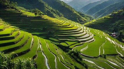 Fototapeta premium Lush Green Rice Terraces in Mountains