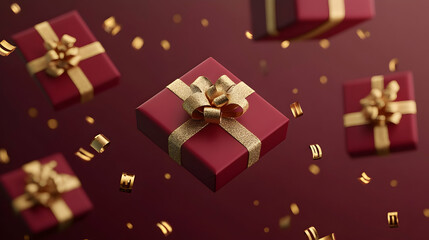 Red gift boxes with gold ribbons and confetti falling on a dark background.
