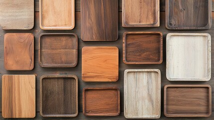 Fototapeta premium A collection of various wooden coasters arranged in a grid, showcasing different wood textures and colors.