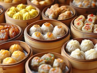 A variety of dim sum dishes presented in bamboo steamers, showcasing vibrant colors and textures.